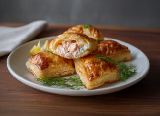 Feuilletés dorés au saumon et fromage frais citronné, garnis d’aneth, sur une assiette accompagnée de salade verte – recette savoureuse et facile.