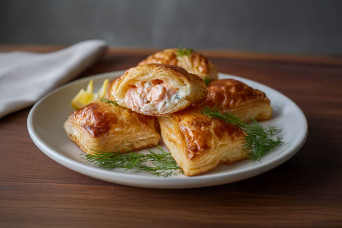 Feuilletés Saumon et Fromage Frais Citronné Feuilletés dorés au saumon et fromage frais citronné, garnis d’aneth, sur une assiette accompagnée de salade verte – recette savoureuse et facile.