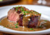 Filet mignon de porc servi en tranches épaisses, nappé d’une sauce crémeuse au porto, parsemé de persil frais sur une assiette blanche.