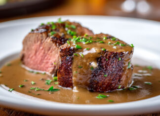 Filet mignon de porc servi en tranches épaisses, nappé d’une sauce crémeuse au porto, parsemé de persil frais sur une assiette blanche.