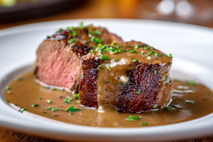 Filet mignon de porc servi en tranches épaisses, nappé d’une sauce crémeuse au porto, parsemé de persil frais sur une assiette blanche.
