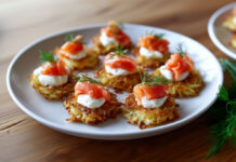 Mini-röstis de pommes de terre au saumon fumé Mini-röstis dorés à la poêle, garnis de fromage frais, saumon fumé et brins d’aneth, présentés sur une assiette blanche.