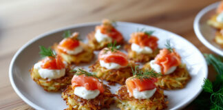 Mini-röstis dorés à la poêle, garnis de fromage frais, saumon fumé et brins d’aneth, présentés sur une assiette blanche.