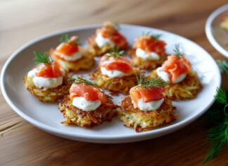 Mini-röstis dorés à la poêle, garnis de fromage frais, saumon fumé et brins d’aneth, présentés sur une assiette blanche.