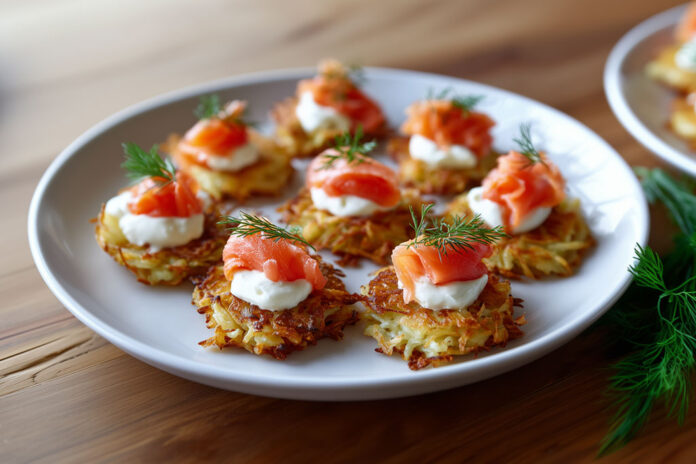 Mini-röstis de pommes de terre au saumon fumé Mini-röstis dorés à la poêle, garnis de fromage frais, saumon fumé et brins d’aneth, présentés sur une assiette blanche.