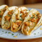 Quatre mini-tacos au poulet crémeux servis sur une assiette blanche, garnis de morceaux de poulet doré, fromage fondant et herbes fraîches.