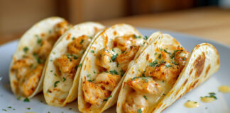 Quatre mini-tacos au poulet crémeux servis sur une assiette blanche, garnis de morceaux de poulet doré, fromage fondant et herbes fraîches.