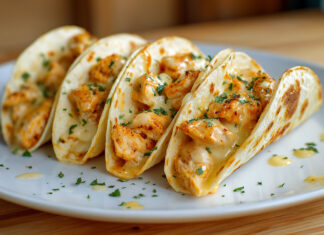 Quatre mini-tacos au poulet crémeux servis sur une assiette blanche, garnis de morceaux de poulet doré, fromage fondant et herbes fraîches.