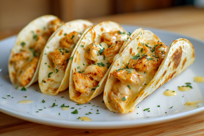 Mini-tacos au poulet crémeux Quatre mini-tacos au poulet crémeux servis sur une assiette blanche, garnis de morceaux de poulet doré, fromage fondant et herbes fraîches.