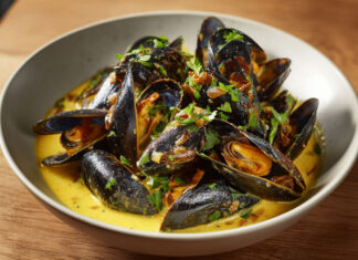 Bol de moules de bouchot nappées de sauce crémeuse au curry et au vin blanc, typique de la mouclade charentaise.