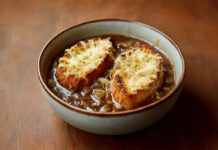 Soupe à l’oignon gratinée express Bol de soupe à l’oignon gratinée avec tranches de pain dorées et fromage fondu – une recette française traditionnelle et réconfortante.