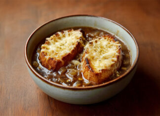 Bol de soupe à l’oignon gratinée avec tranches de pain dorées et fromage fondu – une recette française traditionnelle et réconfortante.
