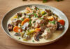 Blanquette de veau à l’ancienne – le grand classique réconfortant de la cuisine française Blanquette de veau crémeuse avec carottes et champignons, servie dans une sauce onctueuse à la crème et au jaune d’œuf.