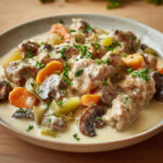 Blanquette de veau crémeuse avec carottes et champignons, servie dans une sauce onctueuse à la crème et au jaune d’œuf.