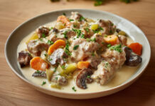Blanquette de veau à l’ancienne – le grand classique réconfortant de la cuisine française Blanquette de veau crémeuse avec carottes et champignons, servie dans une sauce onctueuse à la crème et au jaune d’œuf.