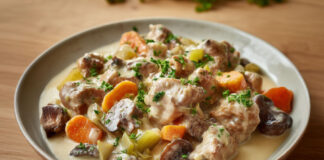 Blanquette de veau crémeuse avec carottes et champignons, servie dans une sauce onctueuse à la crème et au jaune d’œuf.