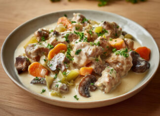 Blanquette de veau crémeuse avec carottes et champignons, servie dans une sauce onctueuse à la crème et au jaune d’œuf.