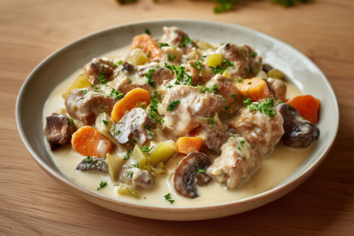 Blanquette de veau à l’ancienne Blanquette de veau crémeuse avec carottes et champignons, servie dans une sauce onctueuse à la crème et au jaune d’œuf.