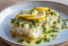 Dos de cabillaud cuit au four, nappé d’huile d’olive citronnée avec ail et persil frais, décoré de rondelles de citron.
