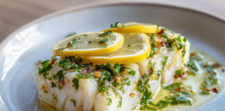 Dos de cabillaud cuit au four, nappé d’huile d’olive citronnée avec ail et persil frais, décoré de rondelles de citron.
