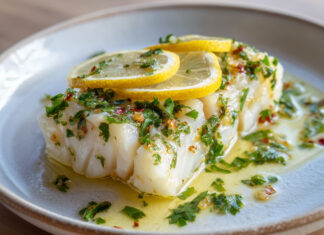 Dos de cabillaud cuit au four, nappé d’huile d’olive citronnée avec ail et persil frais, décoré de rondelles de citron.