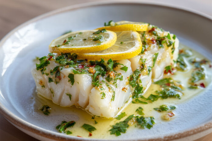 Cabillaud au four citron, ail et persil – une recette légère et parfumée Dos de cabillaud cuit au four, nappé d’huile d’olive citronnée avec ail et persil frais, décoré de rondelles de citron.