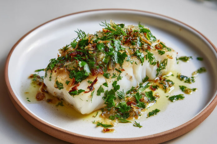 Dos de cabillaud cuit au four, nappé de citron confit haché et d’herbes fraîches, dans une sauce légère à l’huile d’olive.