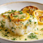 Dos de cabillaud cuit au four, nappé de beurre citronné à l’ail, décoré de rondelles de citron grillées et de persil frais.