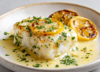 Dos de cabillaud cuit au four, nappé de beurre citronné à l’ail, décoré de rondelles de citron grillées et de persil frais.