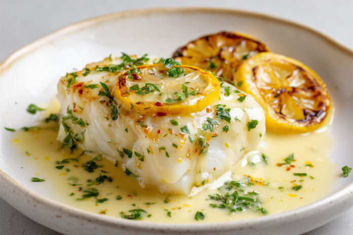 Cabillaud au four au beurre citronné Dos de cabillaud cuit au four, nappé de beurre citronné à l’ail, décoré de rondelles de citron grillées et de persil frais.