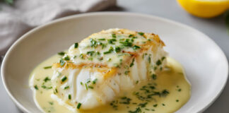 Dos de cabillaud au four nappé de crème citronnée aux herbes fraîches, servi chaud dans une assiette blanche – recette légère et savoureuse.