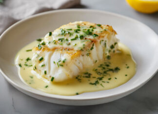 Dos de cabillaud au four nappé de crème citronnée aux herbes fraîches, servi chaud dans une assiette blanche – recette légère et savoureuse.