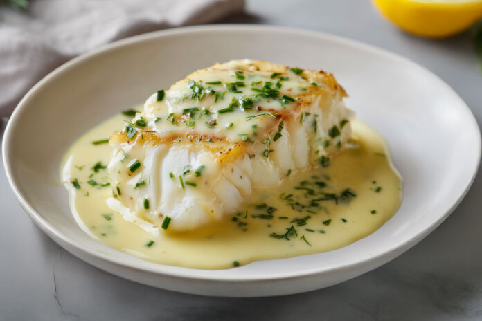 Cabillaud au four à la crème citronnée Dos de cabillaud au four nappé de crème citronnée aux herbes fraîches, servi chaud dans une assiette blanche – recette légère et savoureuse.