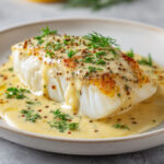 Dos de cabillaud cuit au four, nappé de sauce moutarde à l’ancienne et citron, parsemé d’aneth frais et de poivre concassé.