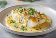 Dos de cabillaud cuit au four, nappé de sauce moutarde à l’ancienne et citron, parsemé d’aneth frais et de poivre concassé.