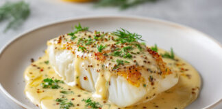 Dos de cabillaud cuit au four, nappé de sauce moutarde à l’ancienne et citron, parsemé d’aneth frais et de poivre concassé.