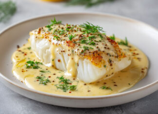 Dos de cabillaud cuit au four, nappé de sauce moutarde à l’ancienne et citron, parsemé d’aneth frais et de poivre concassé.
