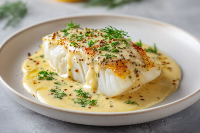 Cabillaud au four à la moutarde et citron Dos de cabillaud cuit au four, nappé de sauce moutarde à l’ancienne et citron, parsemé d’aneth frais et de poivre concassé.