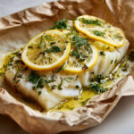 Dos de cabillaud en papillote avec rondelles de citron, aneth frais et huile d’olive, prêt à enfourner pour une cuisson vapeur douce.
