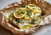 Cabillaud en papillote au citron et aneth – une cuisson douce, saine et pleine de fraîcheur Dos de cabillaud en papillote avec rondelles de citron, aneth frais et huile d’olive, prêt à enfourner pour une cuisson vapeur douce.