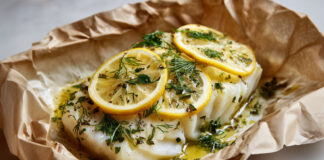 Dos de cabillaud en papillote avec rondelles de citron, aneth frais et huile d’olive, prêt à enfourner pour une cuisson vapeur douce.