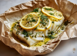 Dos de cabillaud en papillote avec rondelles de citron, aneth frais et huile d’olive, prêt à enfourner pour une cuisson vapeur douce.