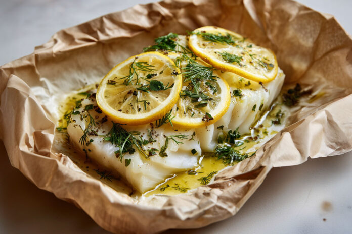 Cabillaud en papillote au citron et aneth Dos de cabillaud en papillote avec rondelles de citron, aneth frais et huile d’olive, prêt à enfourner pour une cuisson vapeur douce.