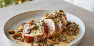 Filet mignon de porc tranché, nappé de sauce crémeuse aux champignons, servi dans une assiette rustique avec du persil frais.