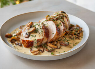 Filet mignon de porc tranché, nappé de sauce crémeuse aux champignons, servi dans une assiette rustique avec du persil frais.