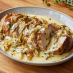 Filet mignon de porc tranché, nappé d’une sauce crémeuse au reblochon et d’oignons confits caramélisés, servi dans une assiette rustique.