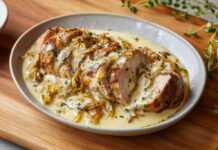 Filet mignon de porc tranché, nappé d’une sauce crémeuse au reblochon et d’oignons confits caramélisés, servi dans une assiette rustique.