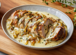 Filet mignon de porc tranché, nappé d’une sauce crémeuse au reblochon et d’oignons confits caramélisés, servi dans une assiette rustique.