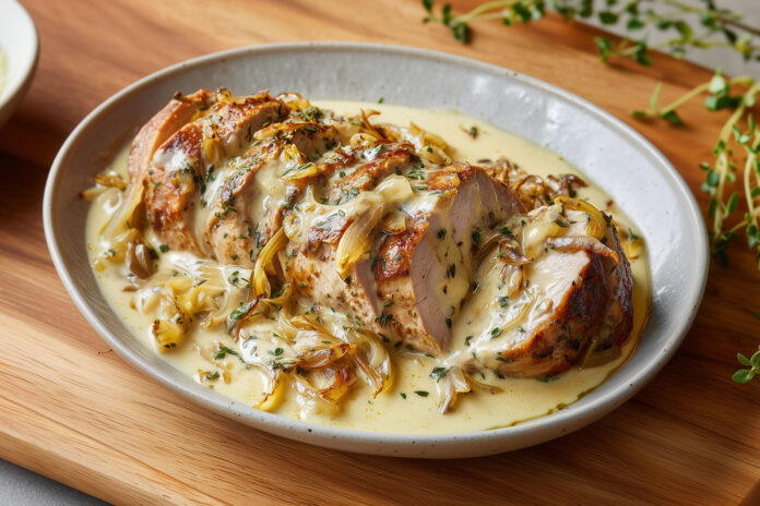 Filet mignon aux oignons confits et reblochon Filet mignon de porc tranché, nappé d’une sauce crémeuse au reblochon et d’oignons confits caramélisés, servi dans une assiette rustique.