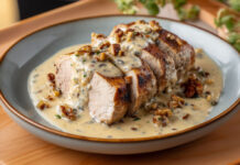 Filet mignon de porc au bleu et noix Filet mignon de porc tranché nappé d’une sauce crémeuse au bleu et aux noix, servi dans une assiette rustique.
